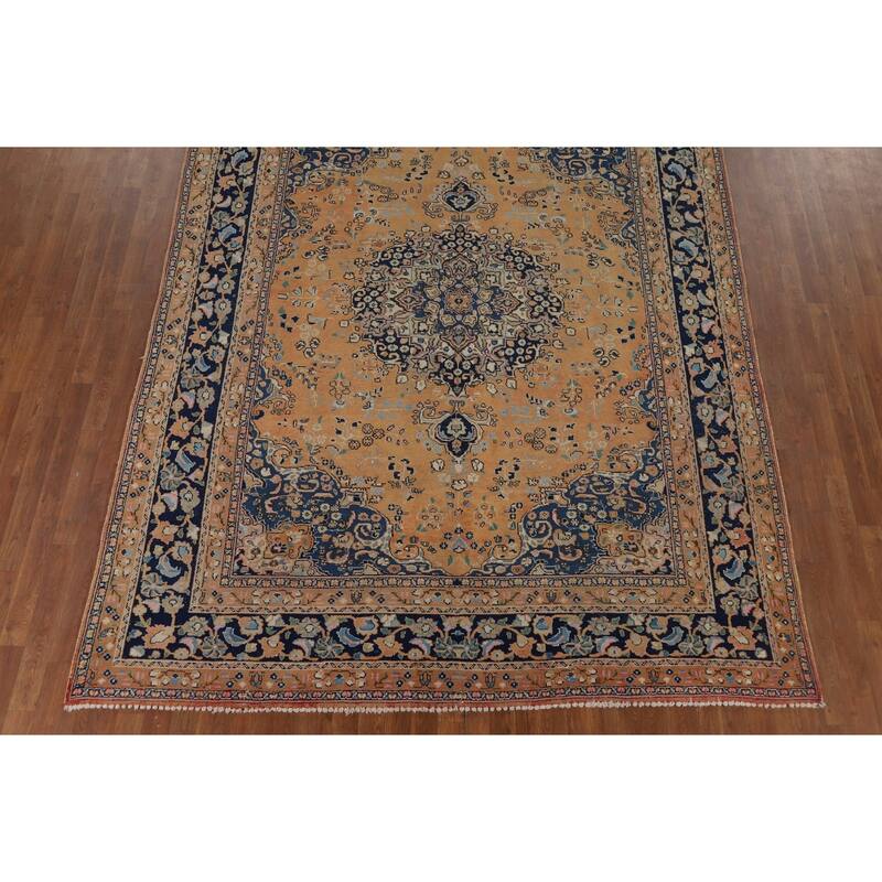 Mashad Vintage Persian Area Rug Handmade Orange Wool Carpet - 7'11" x 11'0"