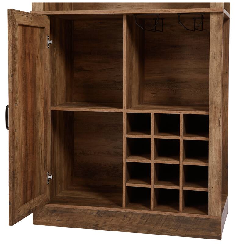 Kitchen Faux Rattan Wine Cabinet, Oak Bar Cabinet with Square Compartments and Shelves, Wooden Storage Cabinet with Barn Doors
