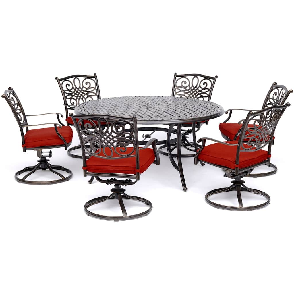 Hanover Traditions 7-Piece Dining Set in Red with a 60 In. Round Cast-top Table and Six Swivel Rockers