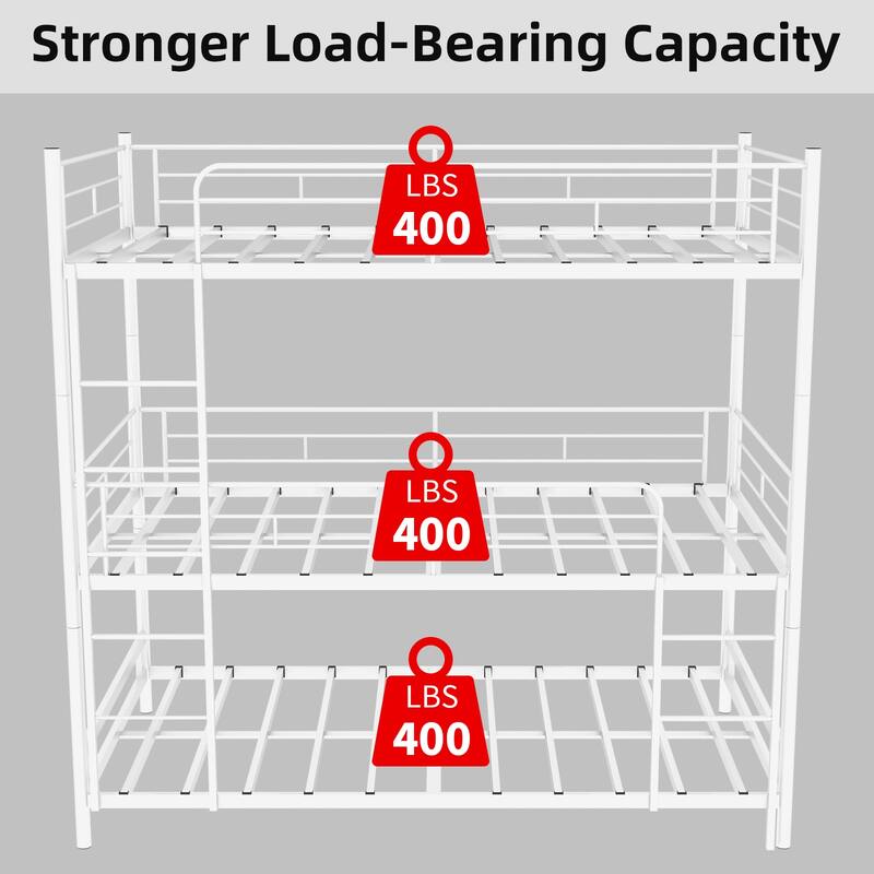Heavy-duty triple frame bed with built-in ladder and full-length railing