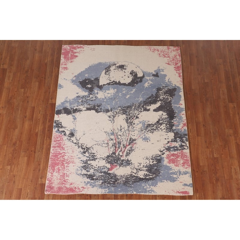 Nature Print Ivory Abstract Modern Area Rug Handmade Wool Carpet - 5'3" x 6'7"