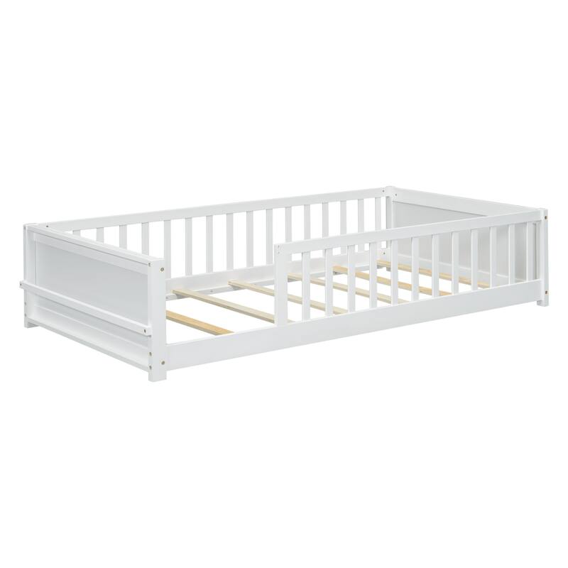 Floor Platform Bed with Built-in Book Storage Rack