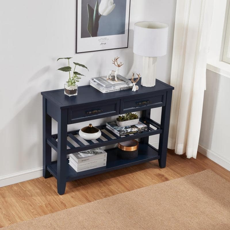 Vintage-Inspired Pine Console Table - Two-Tier Open Shelf Design for Living Spaces‌. - Navy Blue
