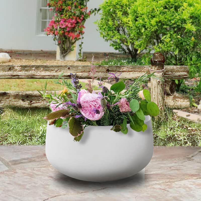 Plantara 16" D Round Solid White Concrete planter with Drainage Hole, Modern Flower pot,Outdoor Planter pot for Garden,
