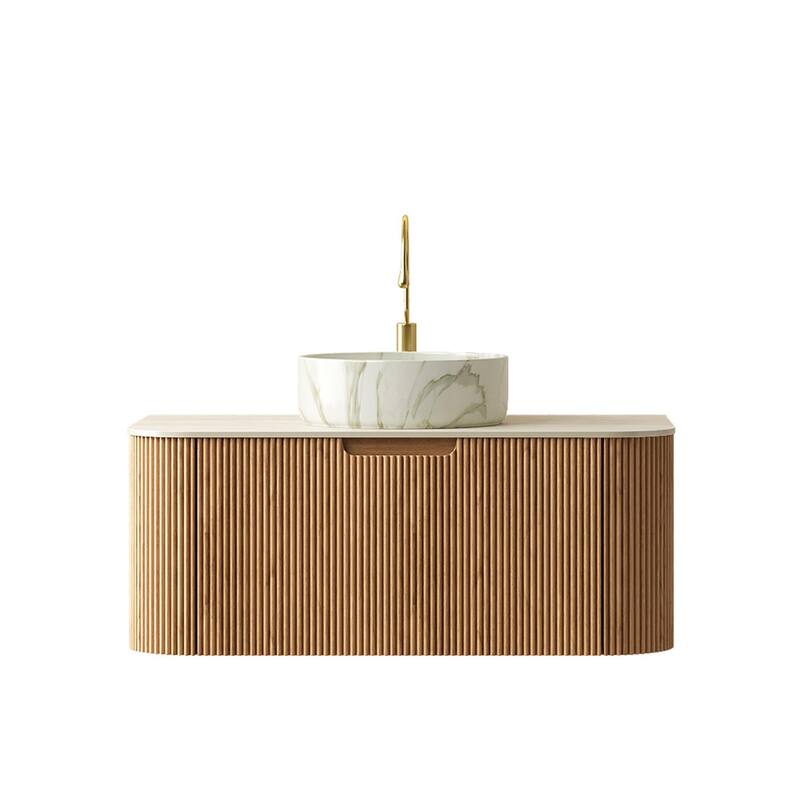 Floating Bathroom with Round Ceramic Basin and Storage Drawer