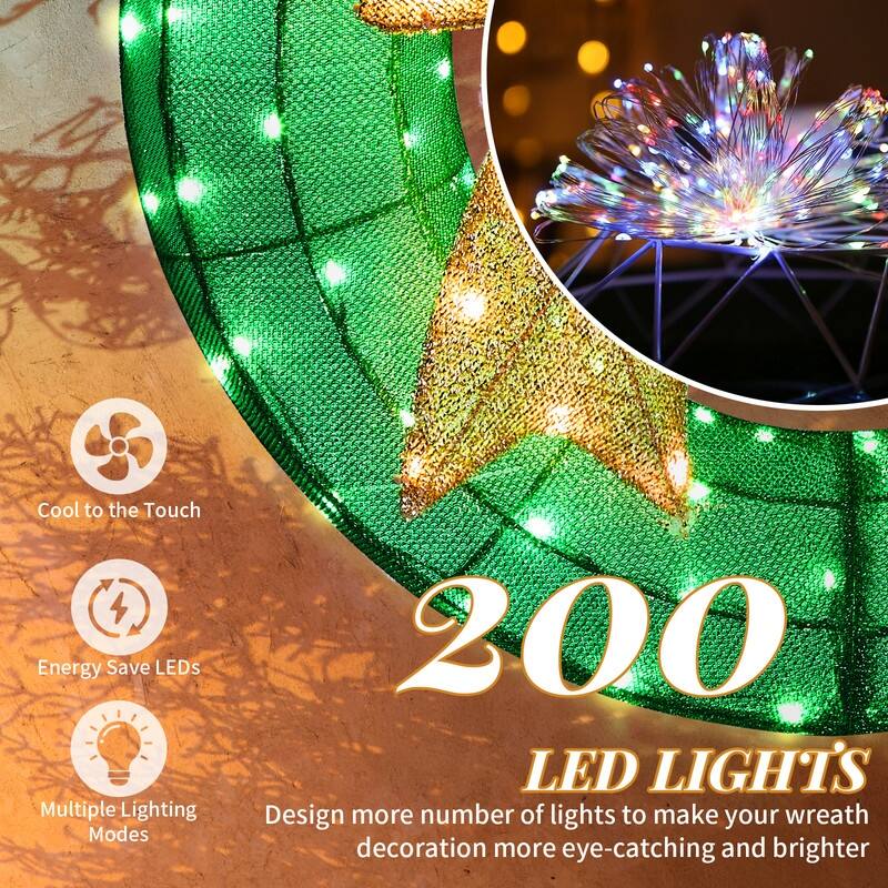 24in Pre-lit Christmas Wreath Decoration, Lighted Metal Wreath,Green and Warm White LED Lights, for Indoor Outdoor Holiday Party