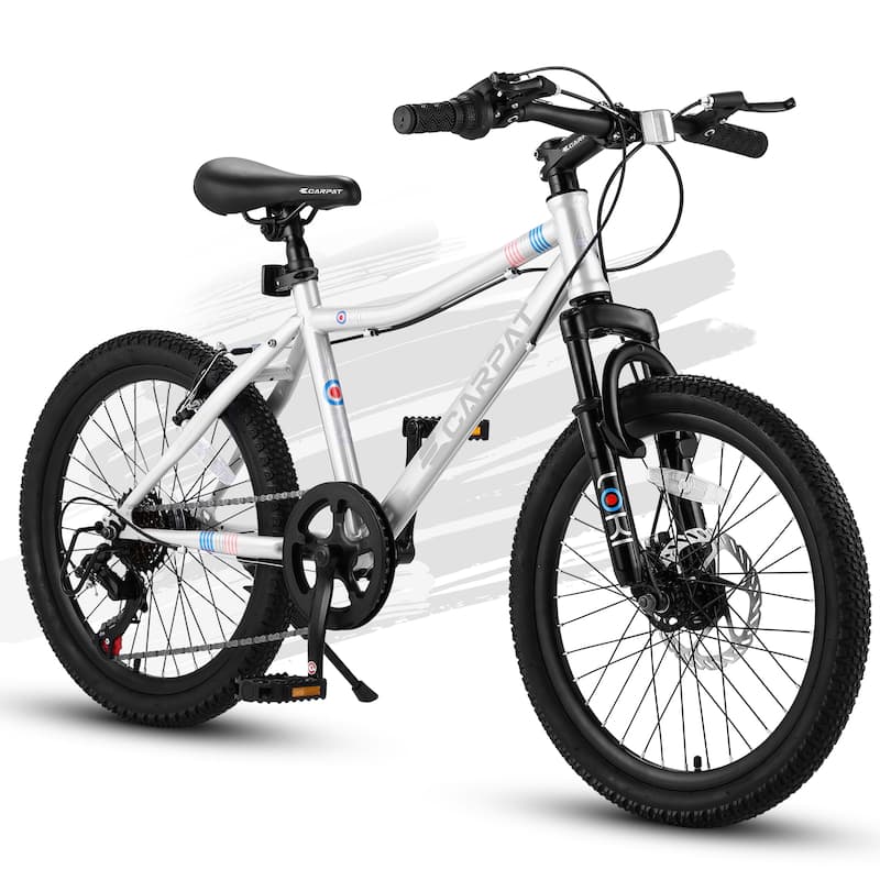 20 Inch Kids Mountain Bike Height Carbon Steel Frame 7 Speed Bicycles, Front Suspension Disc Brake Rear V-Brake for Kids, Teens - White