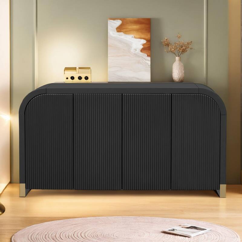 4-door Curved Corner Design Wavy Door Panel Cabinet with Adjustable Shelves, Suitable for Study, Living Room and Entrance