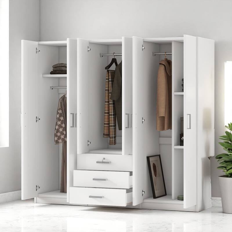 Modern 6-Door Wooden Wardrobe Armoire with Shelves, Drawers, and Locking Storage for Bedroom Use