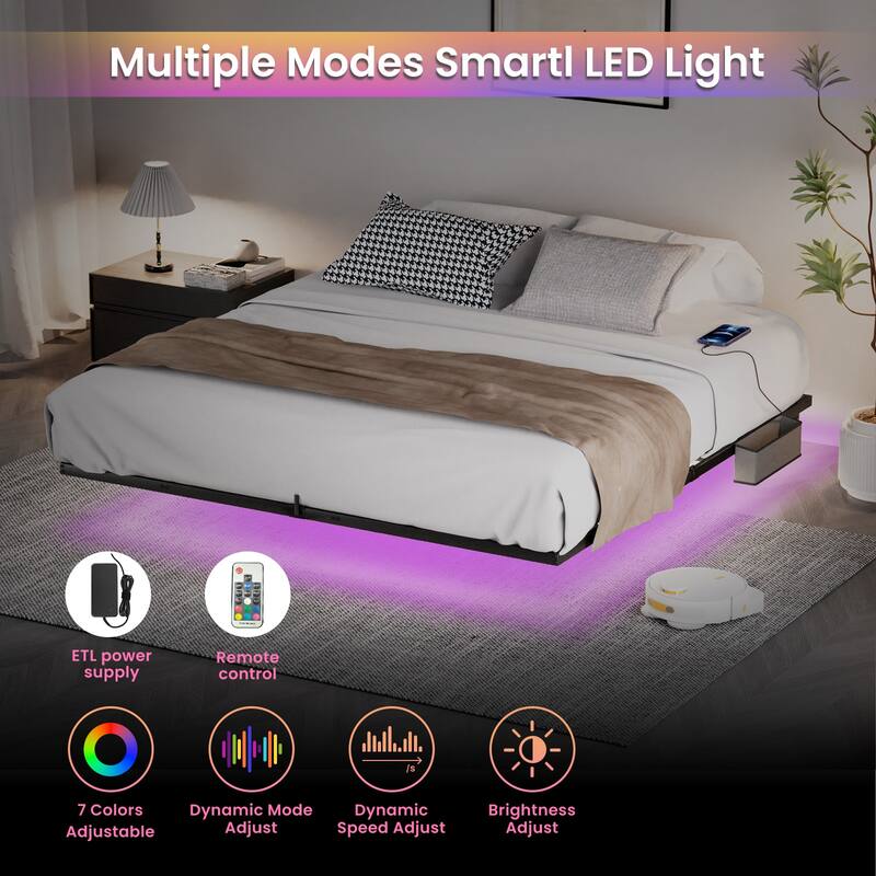 Floating Bed Frame with LED Lights ＆ charging station, Metal Platform