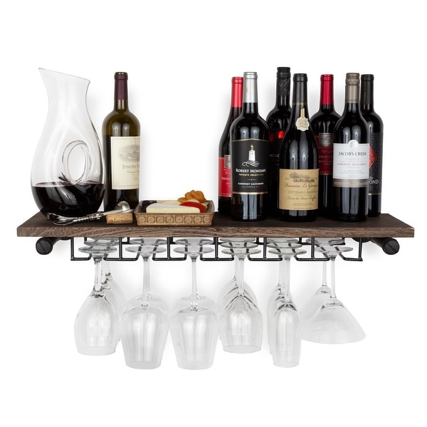 Rustic State Wood Wall Mounted Wine Bottle and Glass Rack in