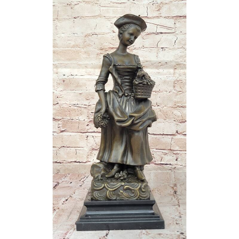 Bronze Sculpture Of Woman In Traditional Dress Holding Basket Of Flowers - Rustic Country Lady Statue