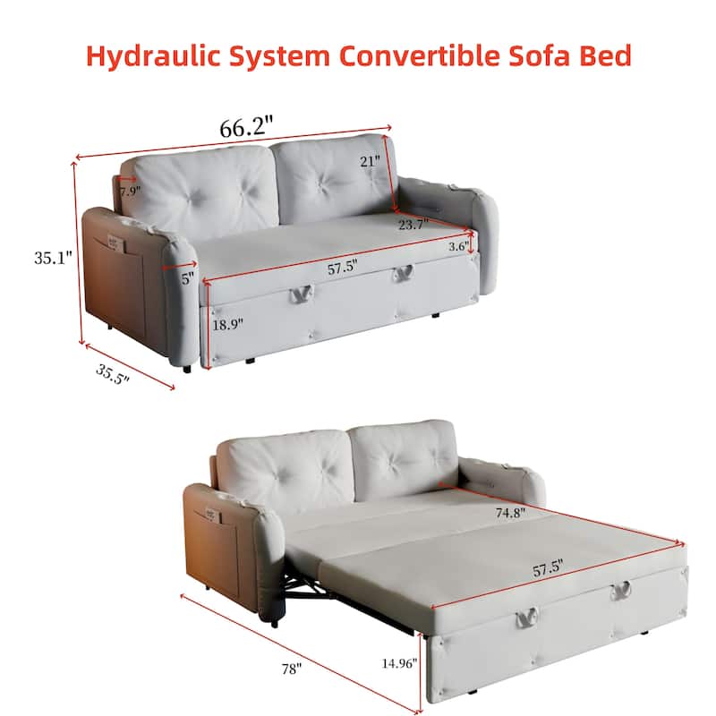 66.2" Queen Pull Out Sofa Bed, Hydraulic System Convertible Sleeper Sofa with Storage and 2 Soft Pillows, Tufted Button Upholste