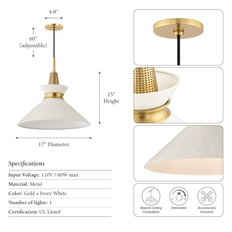 Orbit Bowl Modern Pendant Light - Metal Gold, Ivory White Cone Light Fixture For Modern, Scandinavian, Minimalist Room Decor