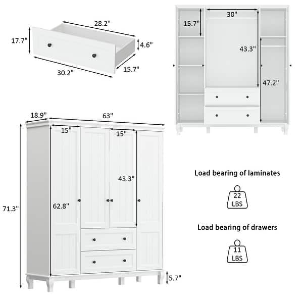 63"W Wood Family Wardrobe Armoire Closet White Lacquer Clothing Rods