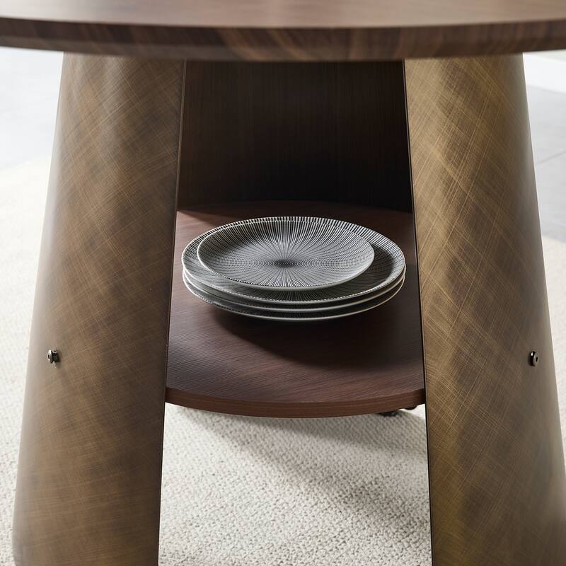 47.25 Inch Round Dining Table with Storage Shelf, Retro Walnut MDF Top and Metal Frame, Seats 4-6
