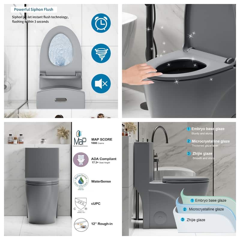 One-Piece Dual Flush Toilet 1.6/1.1GPF, Elongated ADA, 12" S-Trap Grey