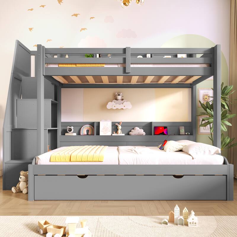 Twin Over Full Size Bunk Bed with Built-in 3-in-1 Storage Shelves and Charging Station, Pull-out Trundle, Storage Staircase