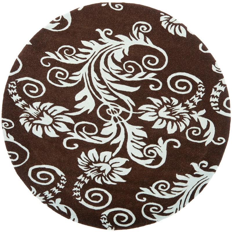 SAFAVIEH Handmade Soho Cassondra Scroll N.Z. Wool Rug - 6' Round - Brown/Blue