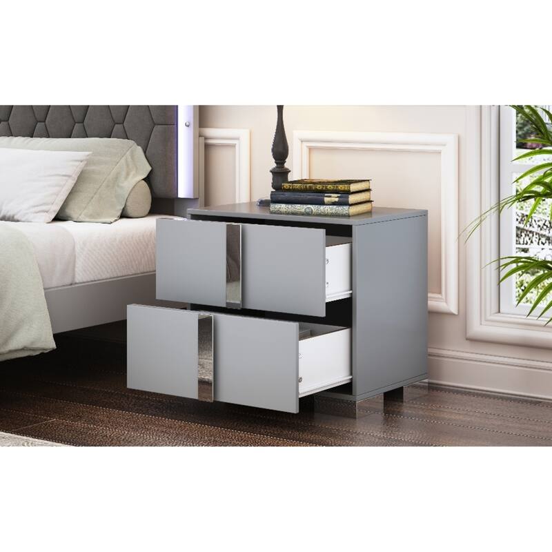 Roomfitters Elegant Nightstand with Metal Foot, Mirrored Bedside Table with 2 Storage Compartments for Bedroom, Gray