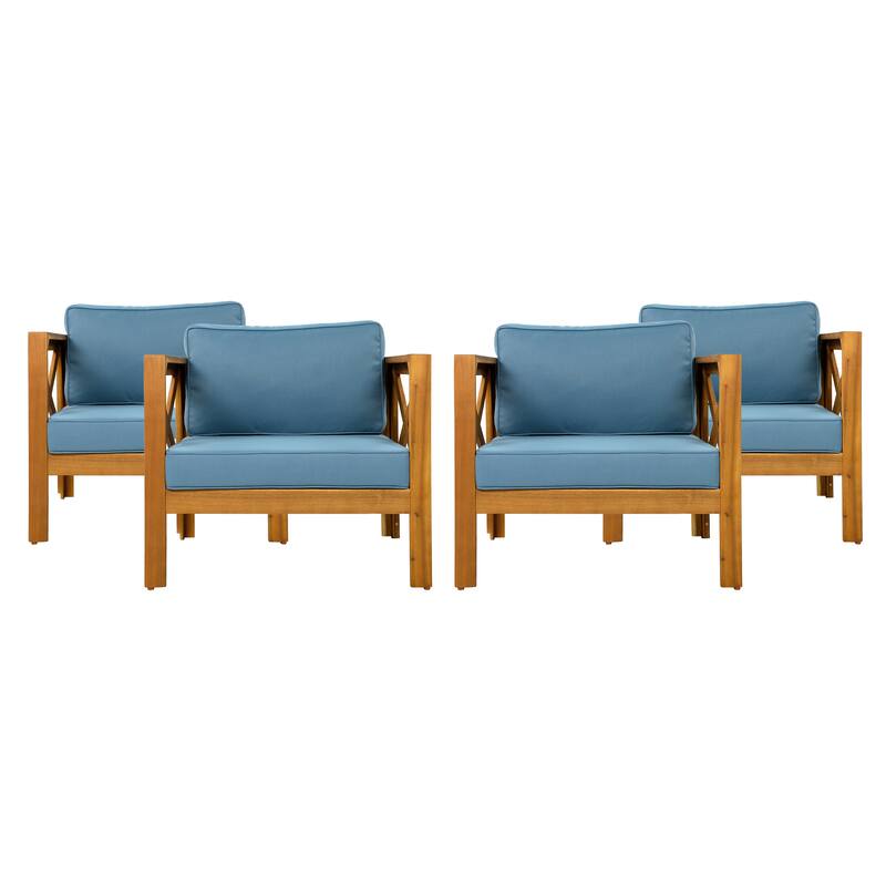 Outdoor Acacia Wood Club Wooden Armchair with Cushions ， Conversation Set,Teak Finish,Beige Cushion setof 4