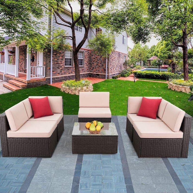Homall 6 Pieces Patio Furniture Sets Outdoor Sectional Rattan Sofa Manual Weaving Wicker Patio Conversation Set - Beige