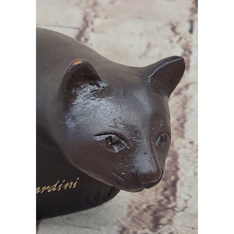 Signed Desk Top Adorable Cat Bronze Sculpture Real Hot Cast Figurine Lost Wax