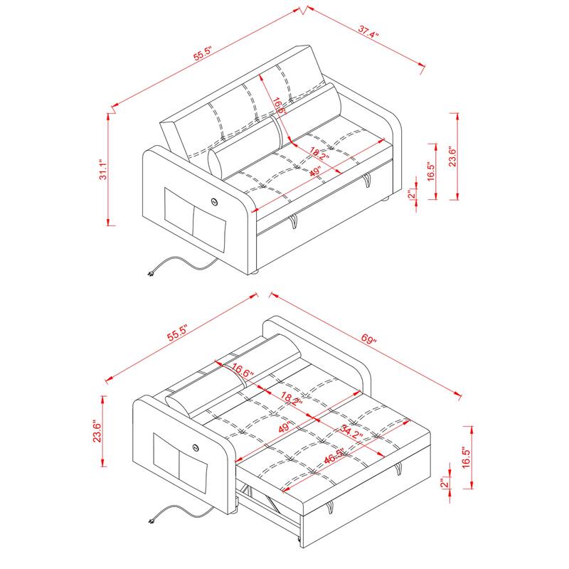 Velvet Sofa Bed with Two Pillows and Comfortable Support