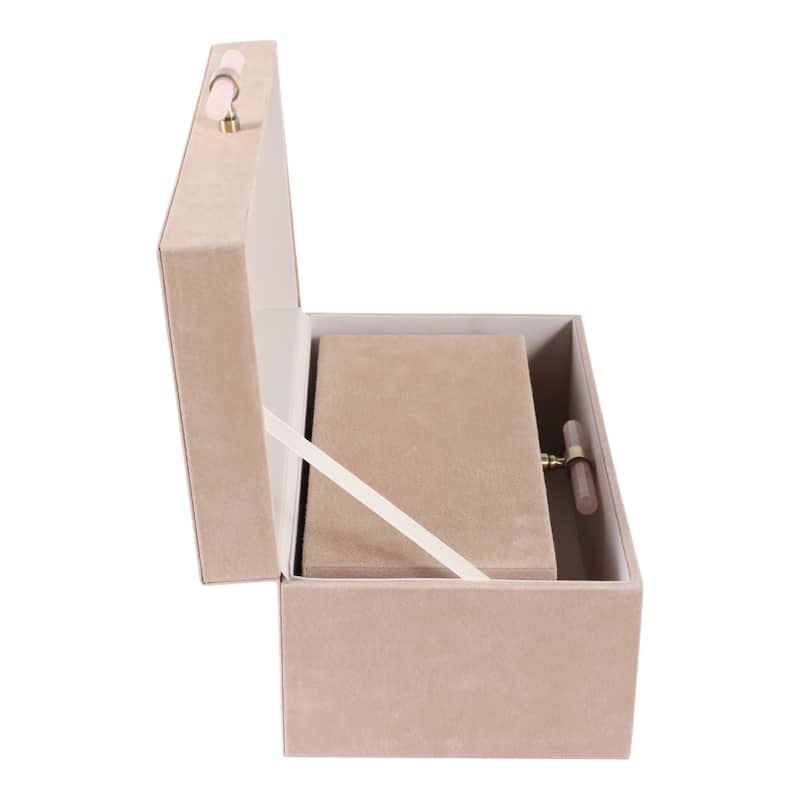 Chic Suede Boxes with Lid and Stone Handle - Set of 2, 14",12", Tan - 14.0"