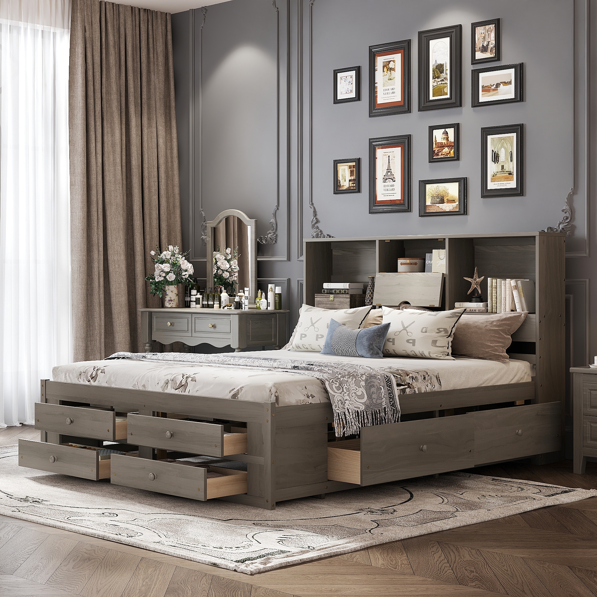 Platform Bed with Storage Headboard and 8 Drawers, Gray