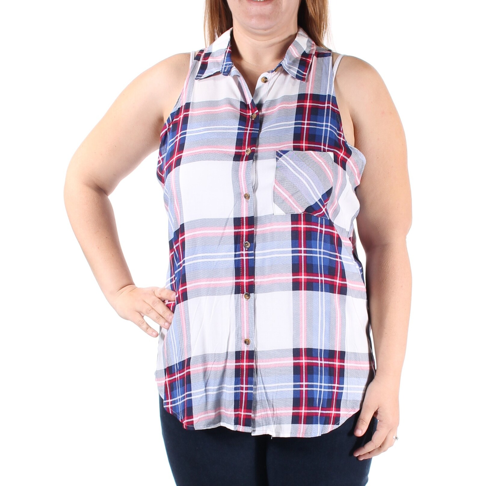 Shop Polly Esther Womens Blue Pocketed Plaid Sleeveless Collared