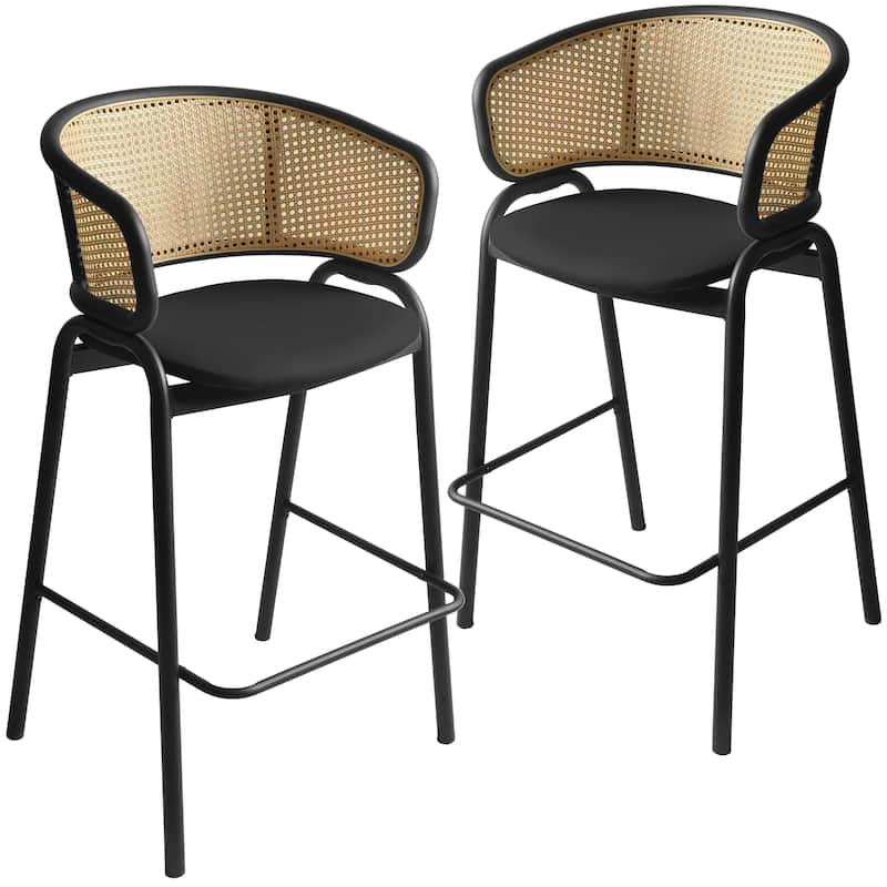 LeisureMod Ervilla Modern Wicker Leather Bar Stool with Curved Back & Stainless Steel Frame for Home & Kitchen - Black