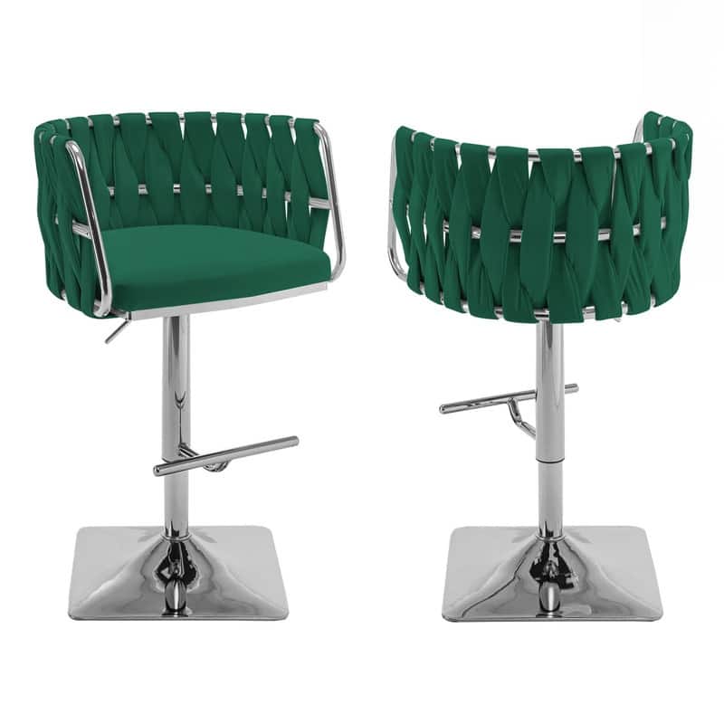 Best Quality Furniture Adjustable Upholstered Barstools with Square Chrome Finish Base (Set of 2) - Emerald Green Velvet / Silver
