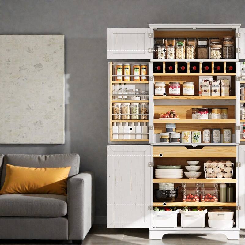 78.2" Farmhouse Kitchen Pantry Cabinet with 8 Door Shelves, Adjustable Shelves, Hidden Drawer and Wine Rack Storage