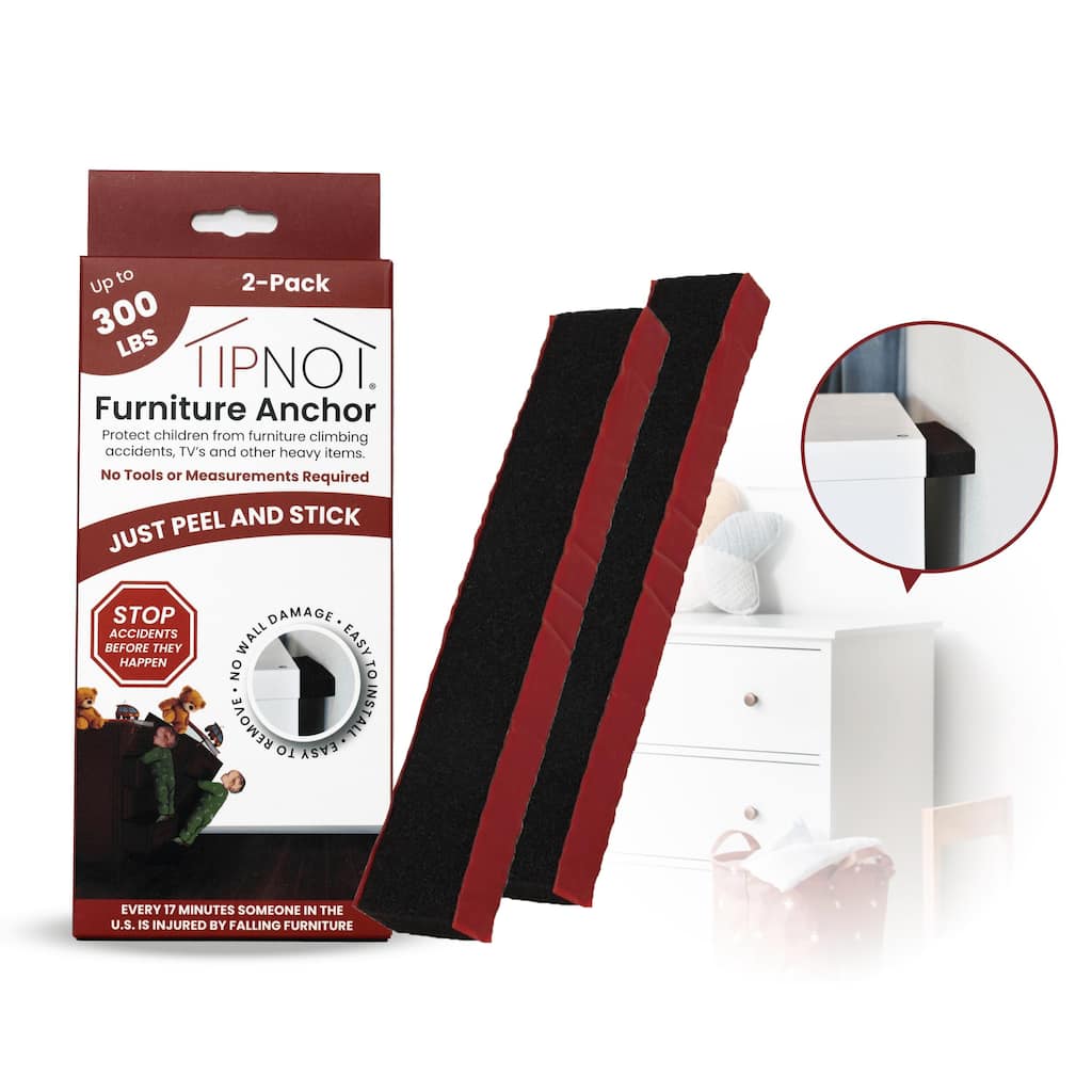 TipNot Adhesive Furniture Anchor, No-Drill, Anti-Tip, Holds Up to 300 Pounds, 2-Pack