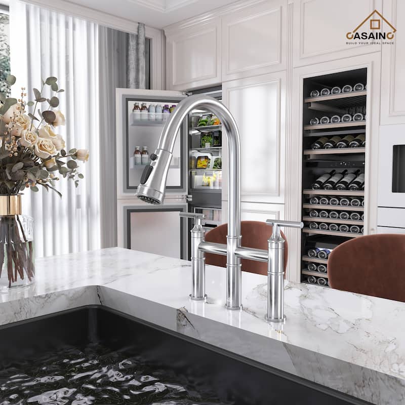 Double Handle Bridge Pull-Down Sprayhead Kitchen Faucet