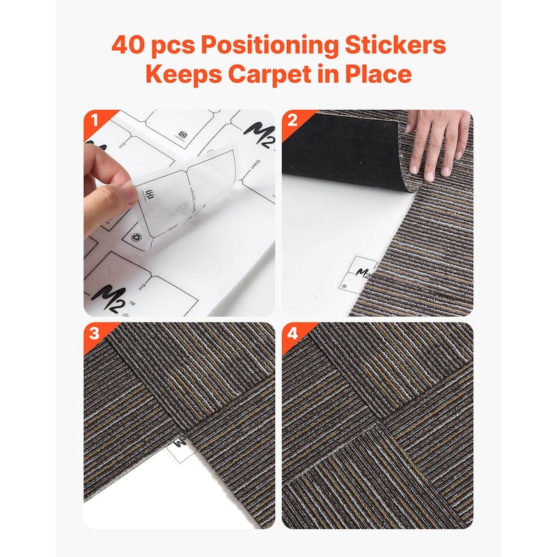 Carpet Tiles Set with Adhesive Stickers Non-Slip Replaceable Floor Squares for Home Office 96 sq ft Coverage