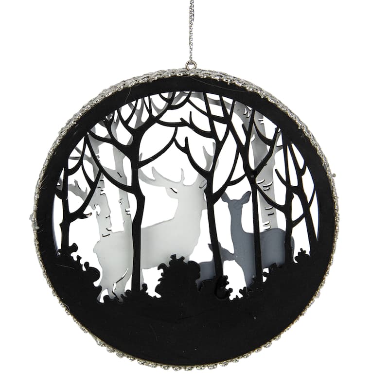 Reindeer with Forest Christmas Disc Ornament - 4.25" - Gray and White