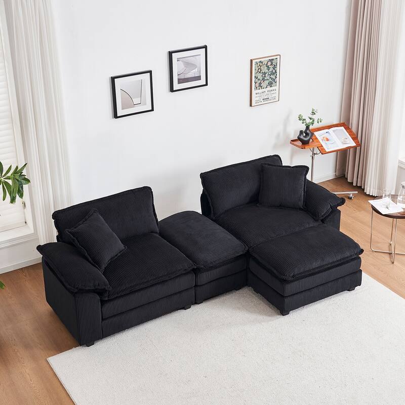 84.6" Corduroy 2-seats sofa With 2 back pillows,2 toss pillows and two ottoman