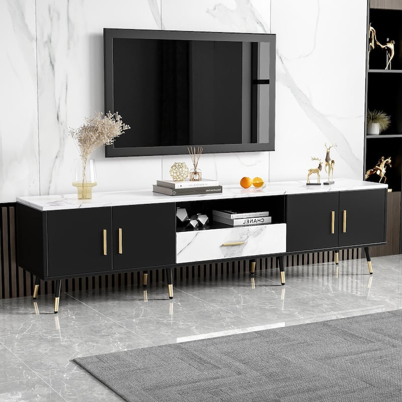 70.8" TV Stand with Cabinets & Open Compartments for TVs Up to 80" - Black+White
