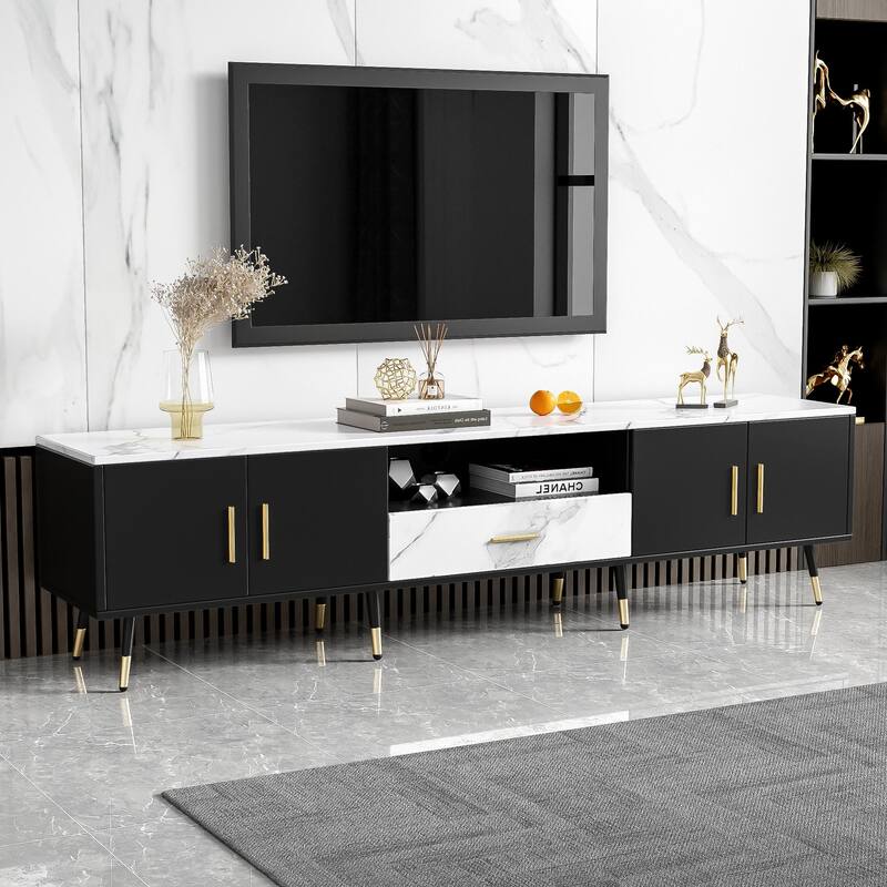 71" Modern TV Stand with 2 Cabinets & Open Compartments, Entertainment Center for TVs up to 80", Television Console - Black+White