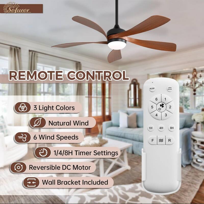 52 Inch Ceiling Fan with Remote & Lights Quiet DC Motor 5 Blade High CFM Modern Fan