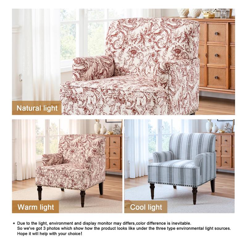 Set 2 Striped Upholstered Linen Armchair with Brass Nailhead Trim