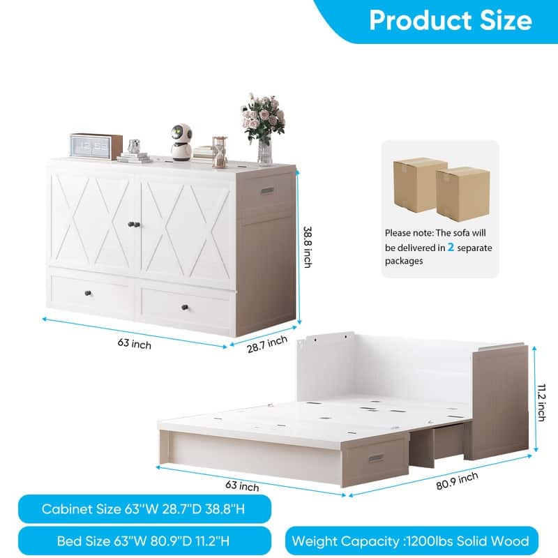 Mixoy Queen Size Murphy Bed with Charging Station & Storage Drawer,Space-Saving Design,Optional Mattress