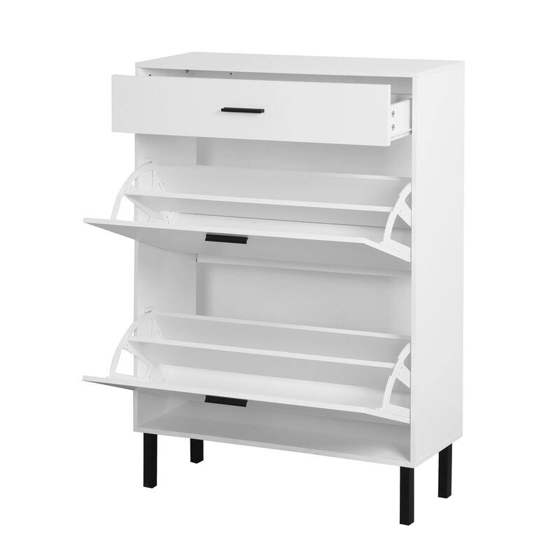 Freestanding Shoe Cabinet with Drawers, Metal Legs, and Flip Drawers