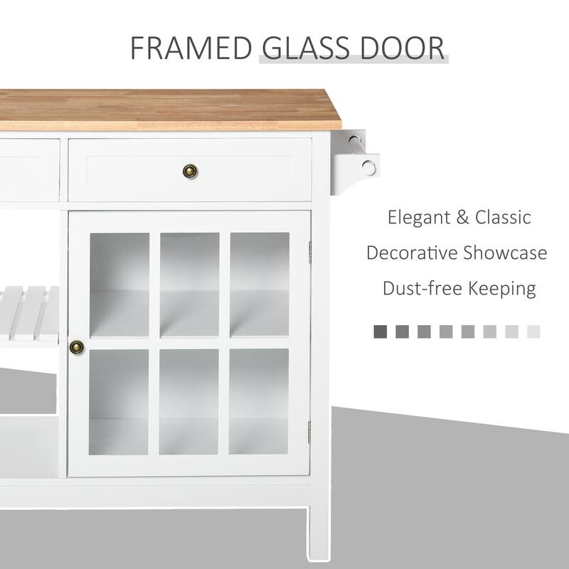 HOMCOM Kitchen Island Utility Storage Cart with Rubber Wood Top, Towel Rack, 2 Cabinets & Drawers for Dining Room