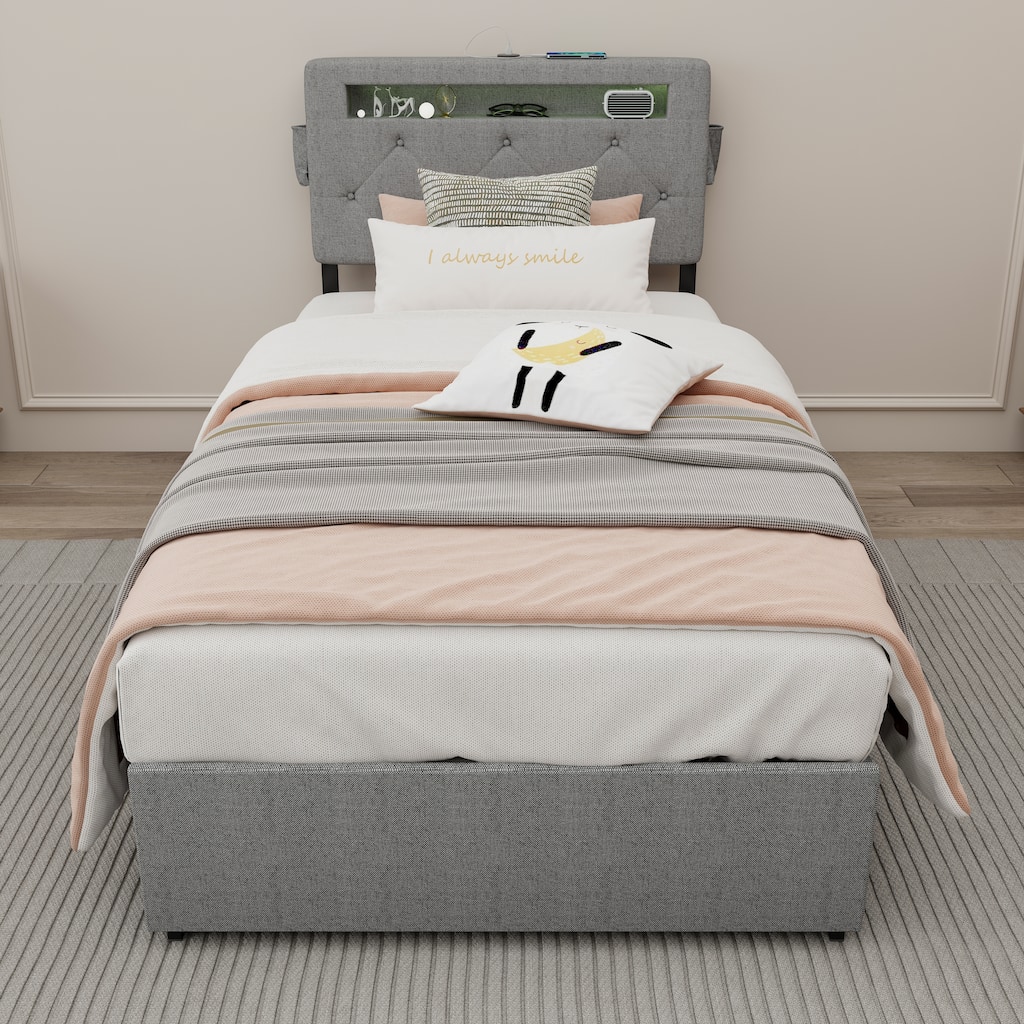 Light Gray Twin Size Platform Bed with 4 Storage Drawers,USB Charging Station and LED Lights
