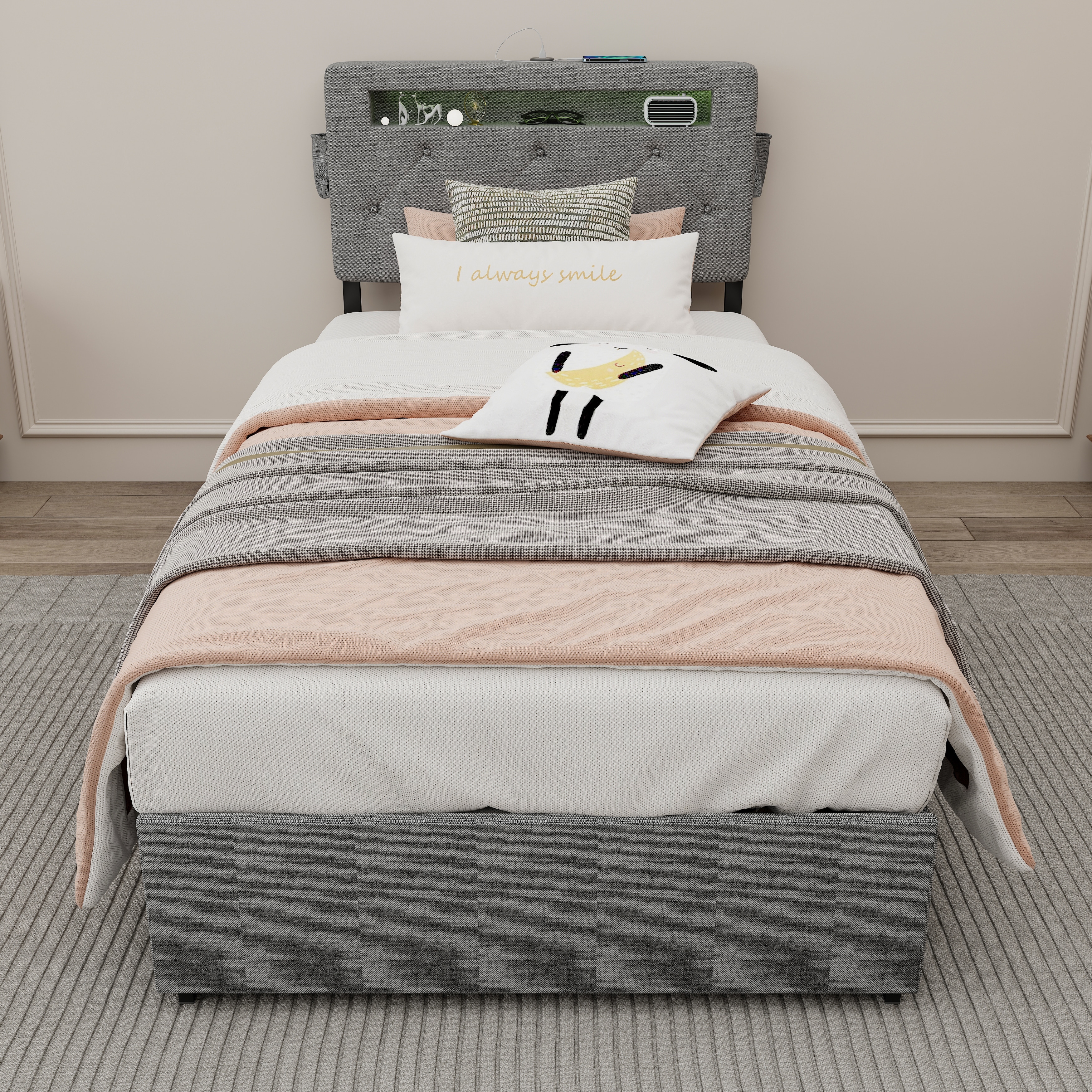 Light Gray Twin Size Platform Bed with Storage, USB Station, and LED