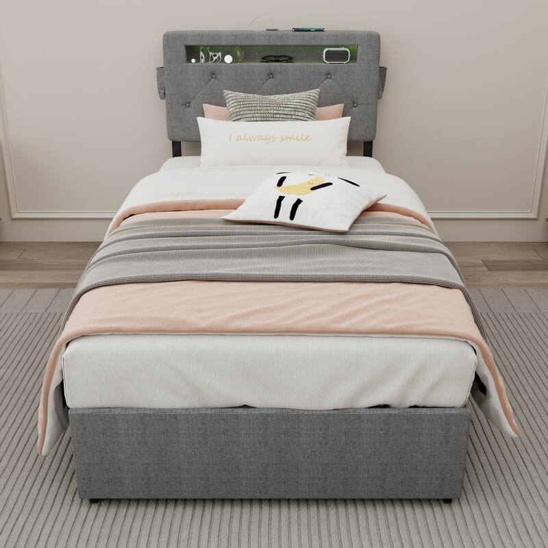 Twin Bed Frame with USB Charging, LED Lights, Headboard & Storage Drawers - Light Gray