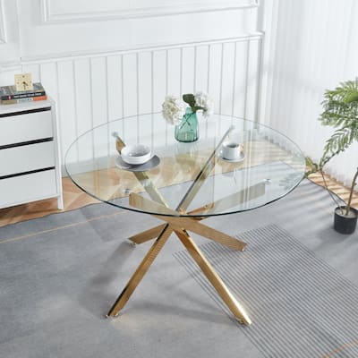47.24"L Round Dining Table with Cross Metal Leg and Glass Top